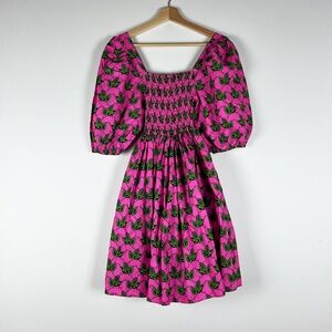 Elisamama June Cotton Stretch Smocked Bodice Puff Sleeve Mini Dress Pink Green S